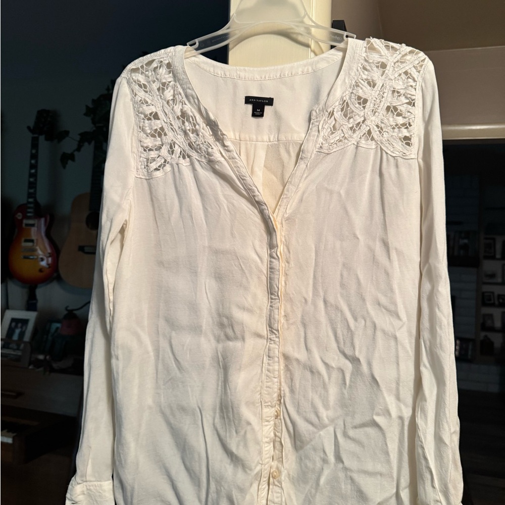 Ann Taylor Cream Button Down Shirt with Lace Accents